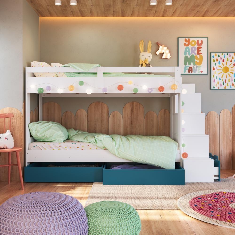 Cama Beliche Infantil Bicama Menino Menina 2,32m Com Escada, Nichos E Gavetas Com Rodas Branco Com Azul - 10