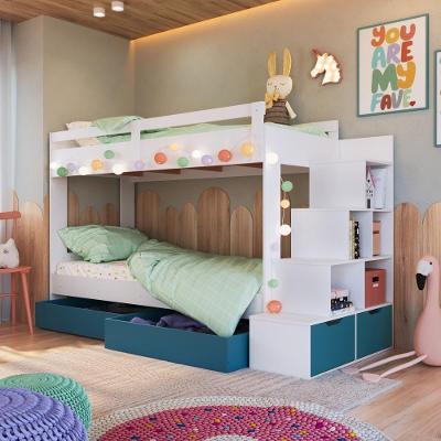 Cama Beliche Infantil Bicama Menino Menina 2,32m Com Escada, Nichos E Gavetas Com Rodas Branco Com Azul