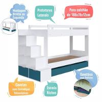 Cama Beliche Infantil Bicama Menino Menina 2,32m Com Escada, Nichos E Gavetas Com Rodas Branco Com Azul
