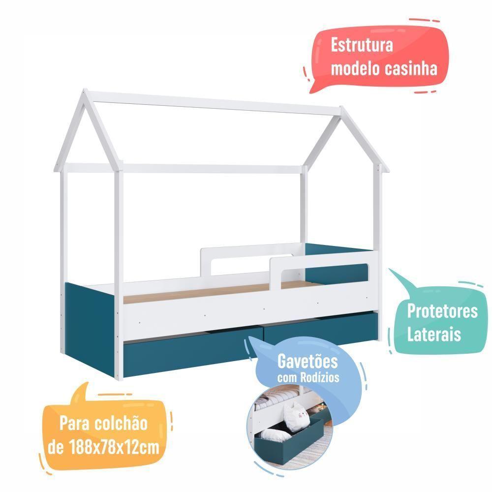 Cama Infantil Montessoriana Casinha Solteiro Menino Menina Com Proteção Lateral E Gavetas Com Rodas Branco Com Azul - 5