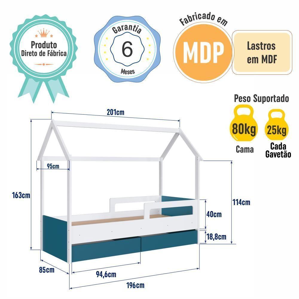 Cama Infantil Montessoriana Casinha Solteiro Menino Menina Com Proteção Lateral E Gavetas Com Rodas Branco Com Azul - 6