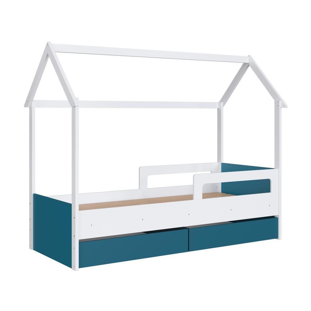 Cama Infantil Montessoriana Casinha Solteiro Menino Menina Com Proteção Lateral E Gavetas Com Rodas Branco Com Azul - 10