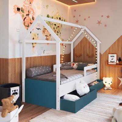 Cama Infantil Montessoriana Casinha Solteiro Menino Menina Com Proteção Lateral E Gavetas Com Rodas Branco Com Azul