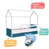 Cama Infantil Montessoriana Casinha Solteiro Menino Menina Com Proteção Lateral E Gavetas Com Rodas Branco Com Azul - 5