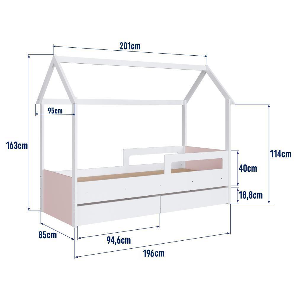 Cama Infantil Montessoriana Casinha Solteiro Menino Menina Com Proteção Lateral E Gavetas Com Rodas Branco Com Rosa - 10