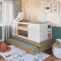Berço Infantil Multifuncional Menino Menina 194cm Com Cômoda, Trocador E Cama Auxiliar Aveiro Com Branco - 1