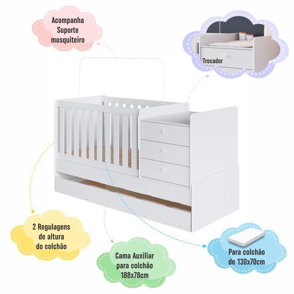 Berço Infantil Multifuncional Menino Menina 196cm Com Cômoda, Trocador E Cama Auxiliar Com Rodas Branco - 5