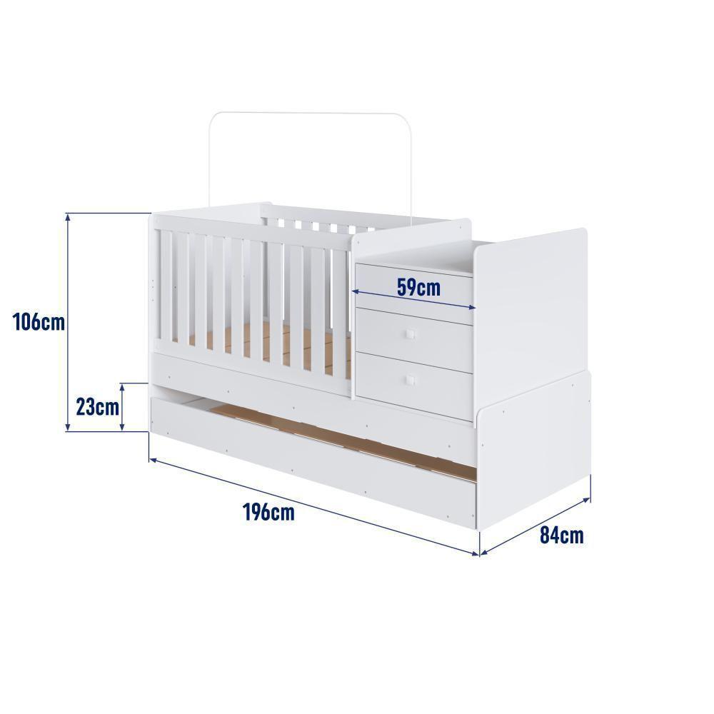 Berço Infantil Multifuncional Menino Menina 196cm Com Cômoda, Trocador E Cama Auxiliar Com Rodas Branco - 7