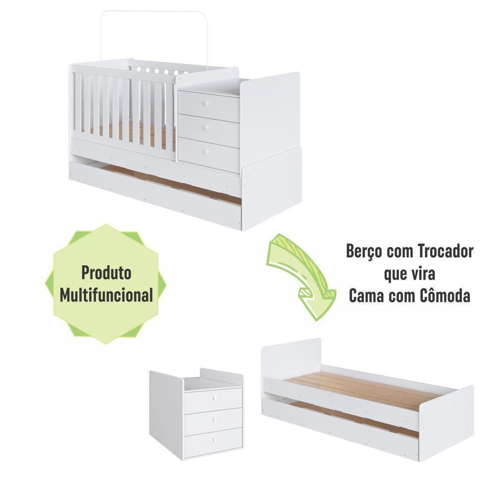Berço Infantil Multifuncional Menino Menina 196cm Com Cômoda, Trocador E Cama Auxiliar Com Rodas Branco - 9
