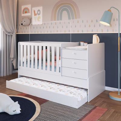 Berço Infantil Multifuncional Menino Menina 196cm Com Cômoda, Trocador E Cama Auxiliar Com Rodas Branco