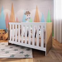 Berço Infantil Cama 3 Em 1 Multifuncional 133cm Com Colchão, Regulagem De Altura E Grade Em Mdf Quarto De Bebê Nogal - 1