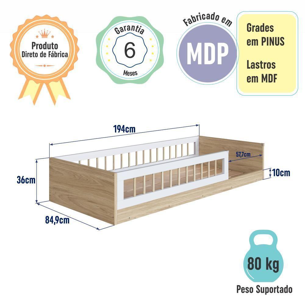 Cama Infantil De Chão Com Colchão Montessoriana De Solteiro Para Menino Menina Com Grade De Proteção Lateral Aveiro Oak - 8
