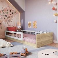 Cama Infantil De Chão Com Colchão Montessoriana De Solteiro Para Menino Menina Com Grade De Proteção Lateral Aveiro Oak - 1
