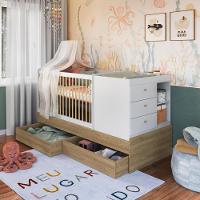Berço Infantil Multifuncional Menino Menina 194cm Com Cômoda, Trocador E Gavetões Com Rodas Aveiro Com Branco - 1