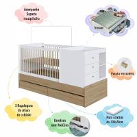 Berço Infantil Multifuncional Menino Menina 194cm Com Cômoda, Trocador E Gavetões Com Rodas Aveiro Com Branco - 5