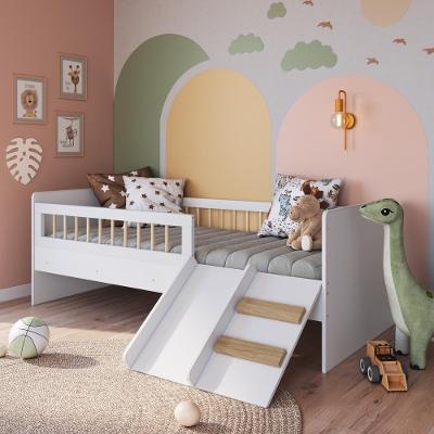 Cama Infantil Montessoriana De Solteiro Menino Menina 193cm Com Escada, Escorregador E Grade De Proteção Branca