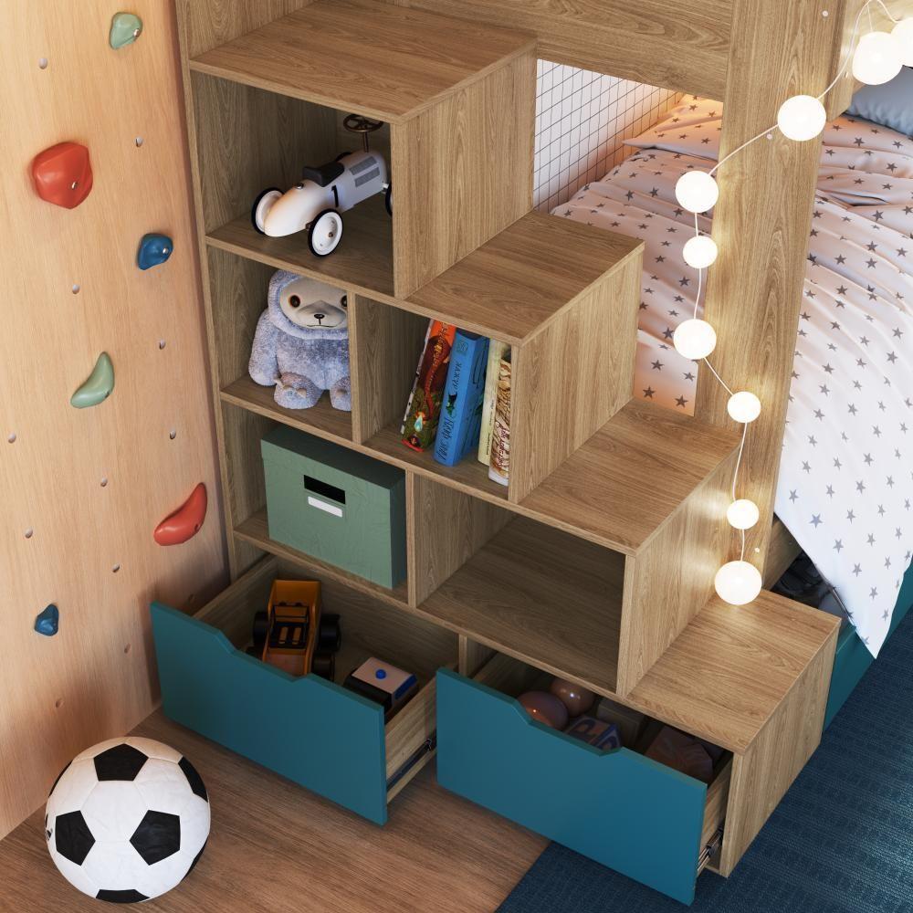 Cama Beliche Infantil Bicama Menino Menina 2,32m Com Escada, Nichos E Gavetas Com Rodas Aveiro Com Azul - 2