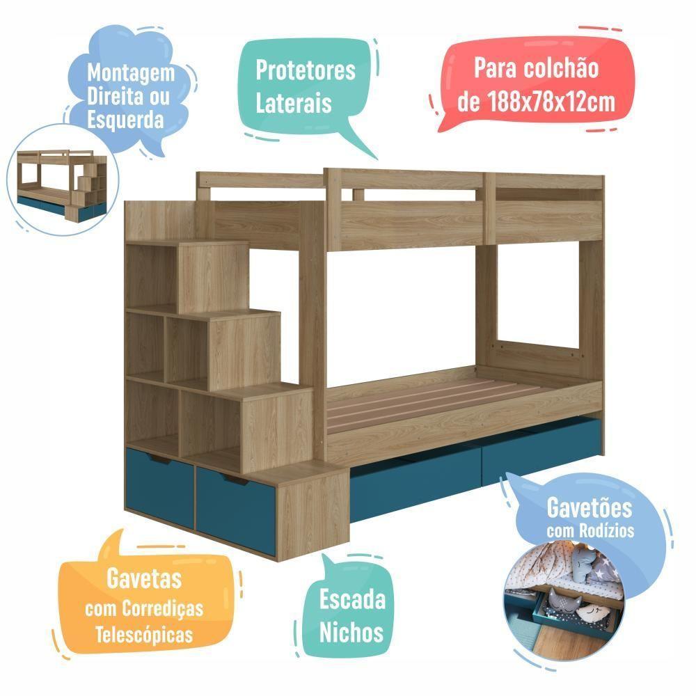 Cama Beliche Infantil Bicama Menino Menina 2,32m Com Escada, Nichos E Gavetas Com Rodas Aveiro Com Azul - 4