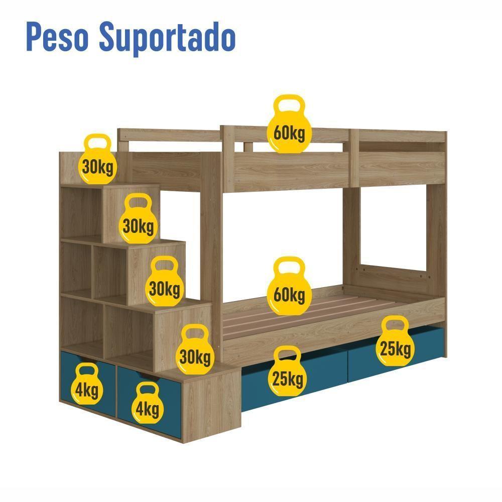 Cama Beliche Infantil Bicama Menino Menina 2,32m Com Escada, Nichos E Gavetas Com Rodas Aveiro Com Azul - 5