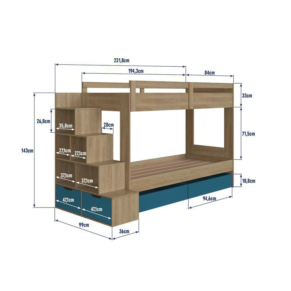 Cama Beliche Infantil Bicama Menino Menina 2,32m Com Escada, Nichos E Gavetas Com Rodas Aveiro Com Azul - 6