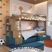 Cama Beliche Infantil Bicama Menino Menina 2,32m Com Escada, Nichos E Gavetas Com Rodas Aveiro Com Azul - 1