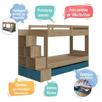 Cama Beliche Infantil Bicama Menino Menina 2,32m Com Escada, Nichos E Gavetas Com Rodas Aveiro Com Azul