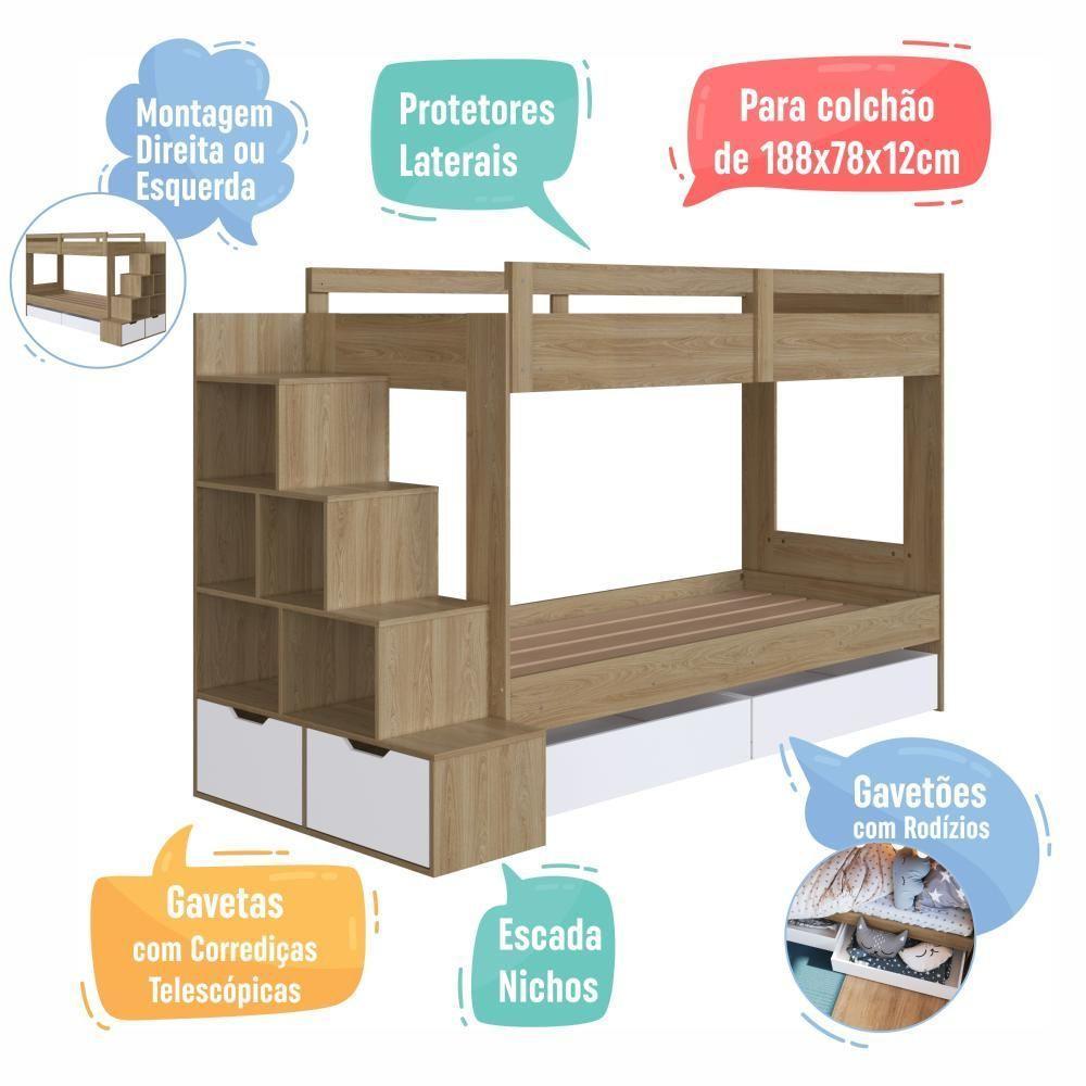 Cama Beliche Infantil Bicama Menino Menina 2,32m Com Escada, Nichos E Gavetas Com Rodas Aveiro Oak Com Branco - 4