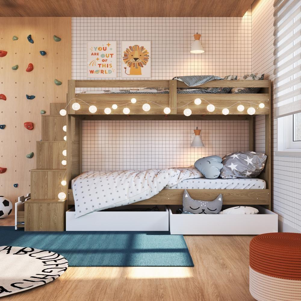 Cama Beliche Infantil Bicama Menino Menina 2,32m Com Escada, Nichos E Gavetas Com Rodas Aveiro Oak Com Branco - 10