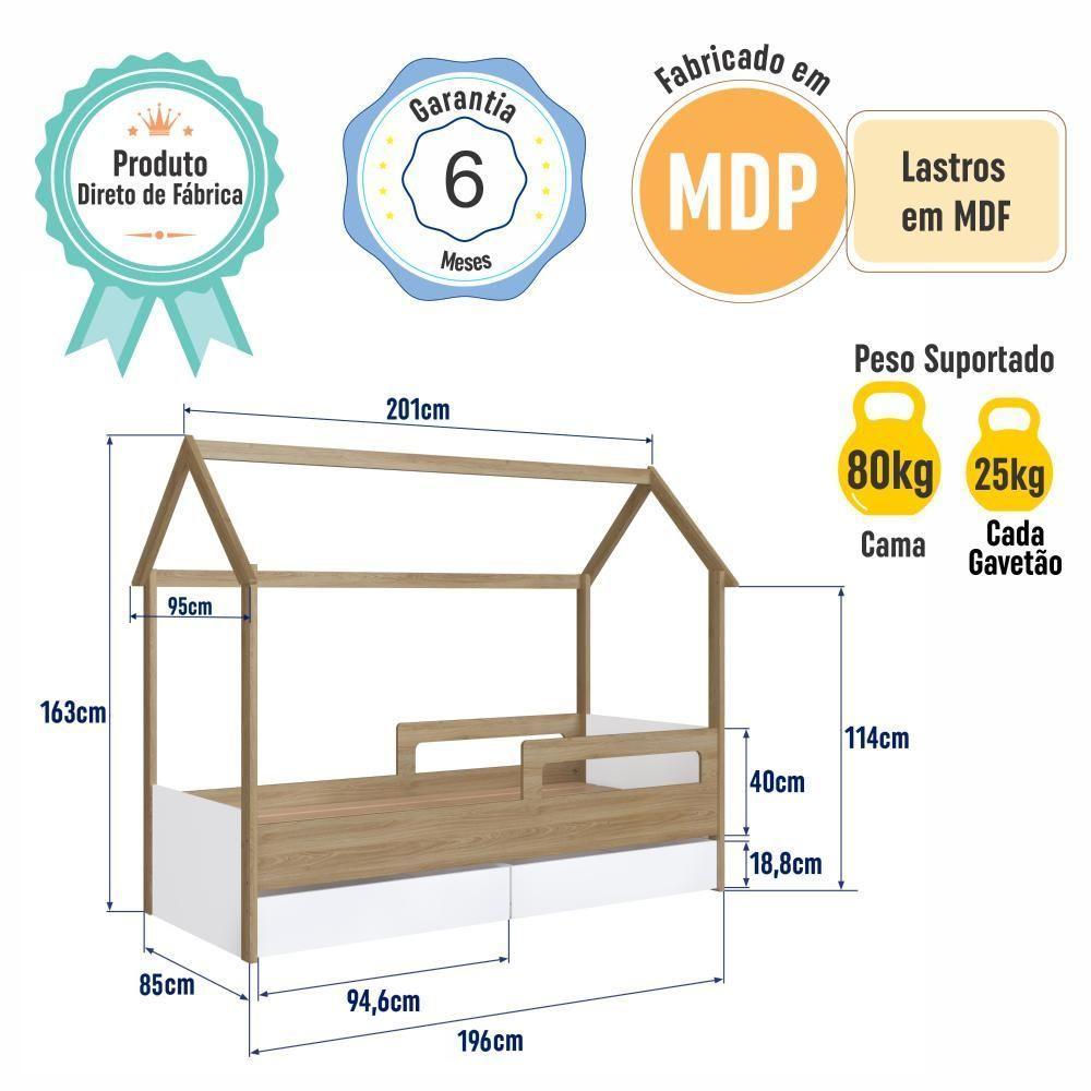 Cama Infantil Montessoriana Casinha Solteiro Menino Menina Com Proteção Lateral E Gavetas Com Rodas Aveiro Com Branco - 6