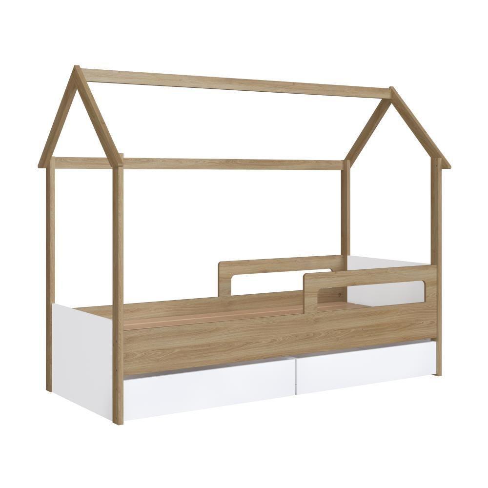 Cama Infantil Montessoriana Casinha Solteiro Menino Menina Com Proteção Lateral E Gavetas Com Rodas Aveiro Com Branco - 10