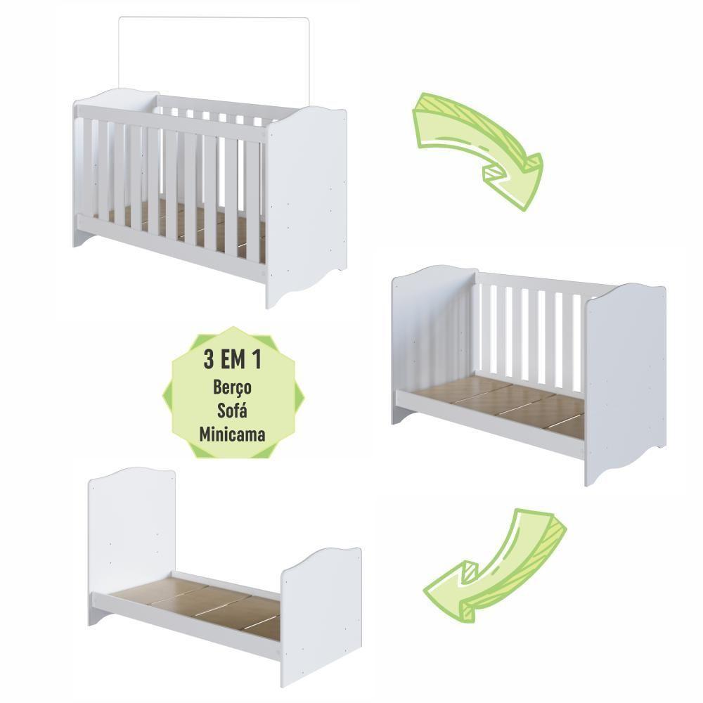 Berço Infantil Cama 3 Em 1 Multifuncional Com Colchão, Regulagem De Altura E Grade Em Mdf Quarto De Bebê Branco - 7