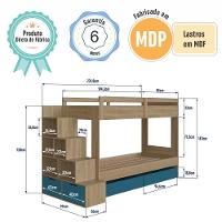 Cama Beliche Infantil Bicama Menino Menina 2,32m Com Escada, Nichos E Gavetas Com Rodas Aveiro Oak Com Azul - 7