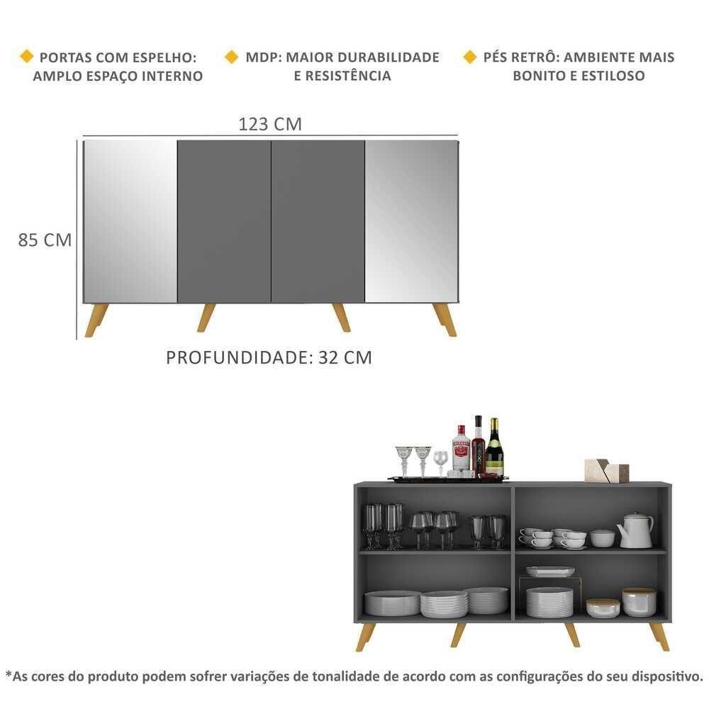 Aparador Buffet Com Espelho e Pés Grafite Natural - 6