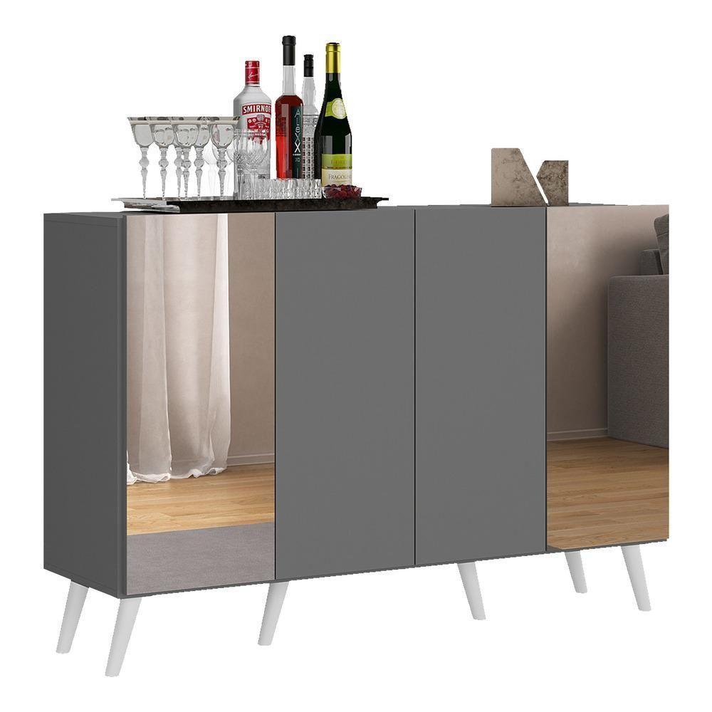 Aparador Buffet Com Espelho e Pés Grafite Branco - 6