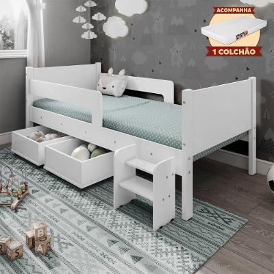 Cama Infantil + Colchão Com 2 Baus Organizador Escada Luna Plus Branco