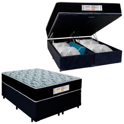 Cama Box Baú Queen Bipartido Suede + Colchão Molas Ensacadas Sereneprime Sonnolux 158x198x69 Preto