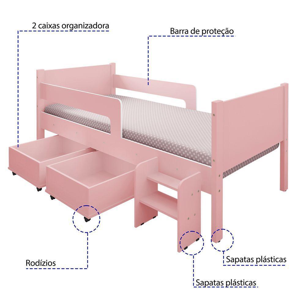 Cama Solteiro Com 2 Baus Organizador E Escada Luna Plus Rosa Com Colchão - 2