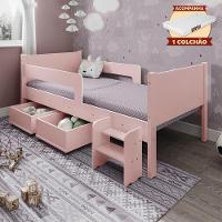 Cama Solteiro Com 2 Baus Organizador E Escada Luna Plus Rosa Com Colchão - 1