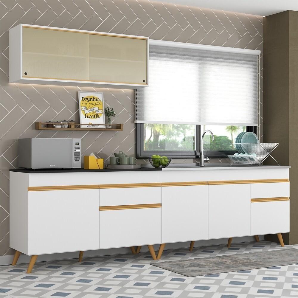 Armário De Cozinha Compacta 270cm Veneza Multimóveis V2077 Branco/dourado Branco/dourado - 6