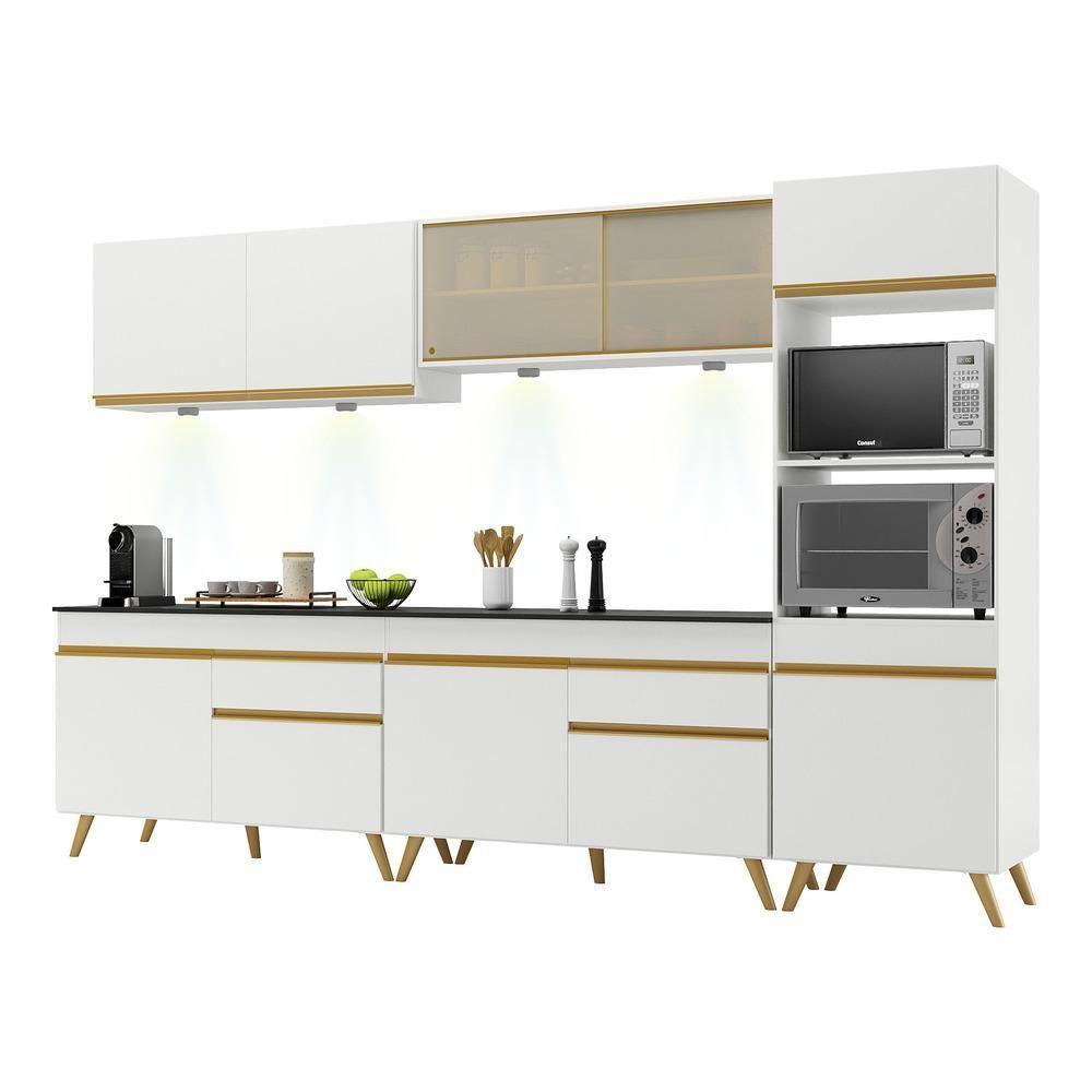 Armário De Cozinha Compacta 302cm Com Leds Veneza Up Multimóveis V2014 Branco/dourado Branco/dourado - 1