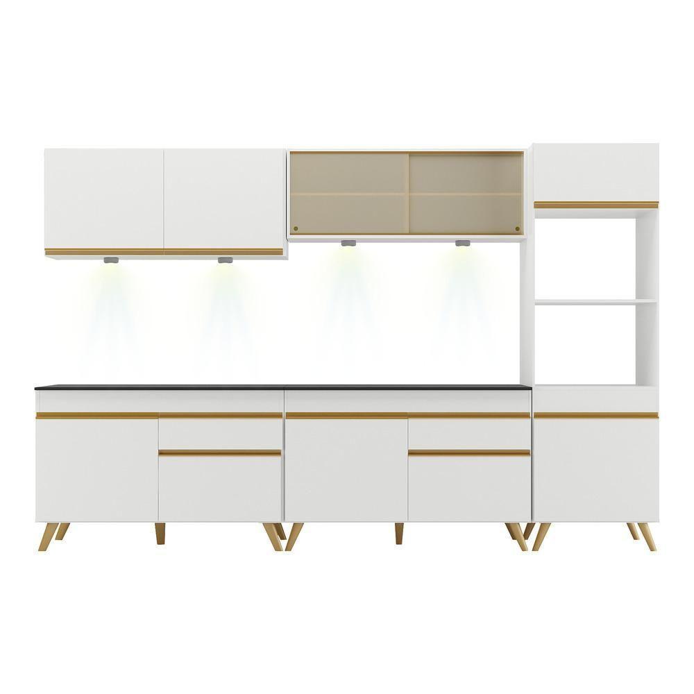Armário De Cozinha Compacta 302cm Com Leds Veneza Up Multimóveis V2014 Branco/dourado Branco/dourado - 2