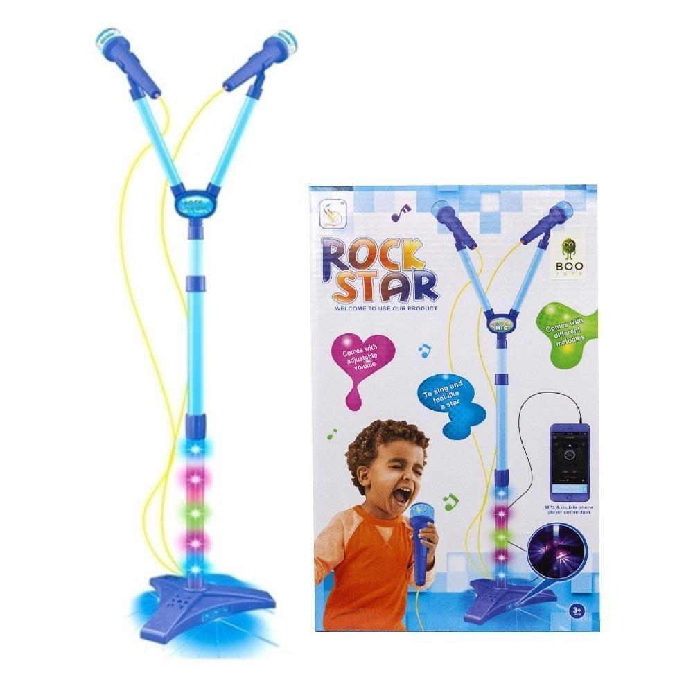 Microfone Infantil Pedestal Karaoke Duplo Rock Star Amplificador Musical Conecta Celular Mp3 Luz - 1