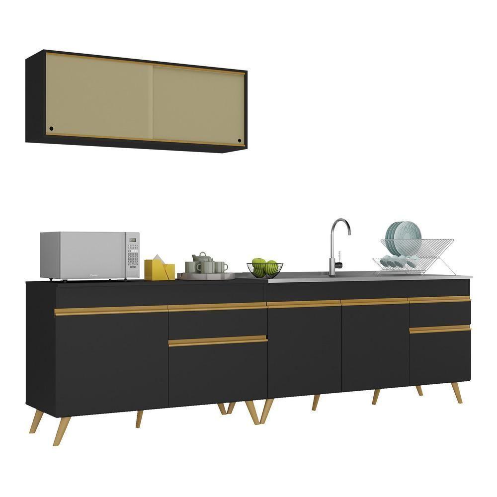 Armário De Cozinha Compacta 270cm Veneza Multimóveis V2077 Preto/dourado Preto/dourado - 1