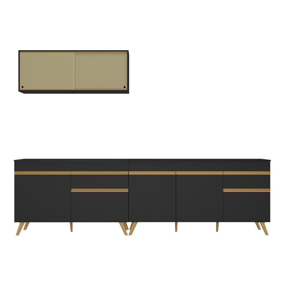 Armário De Cozinha Compacta 270cm Veneza Multimóveis V2077 Preto/dourado Preto/dourado - 2