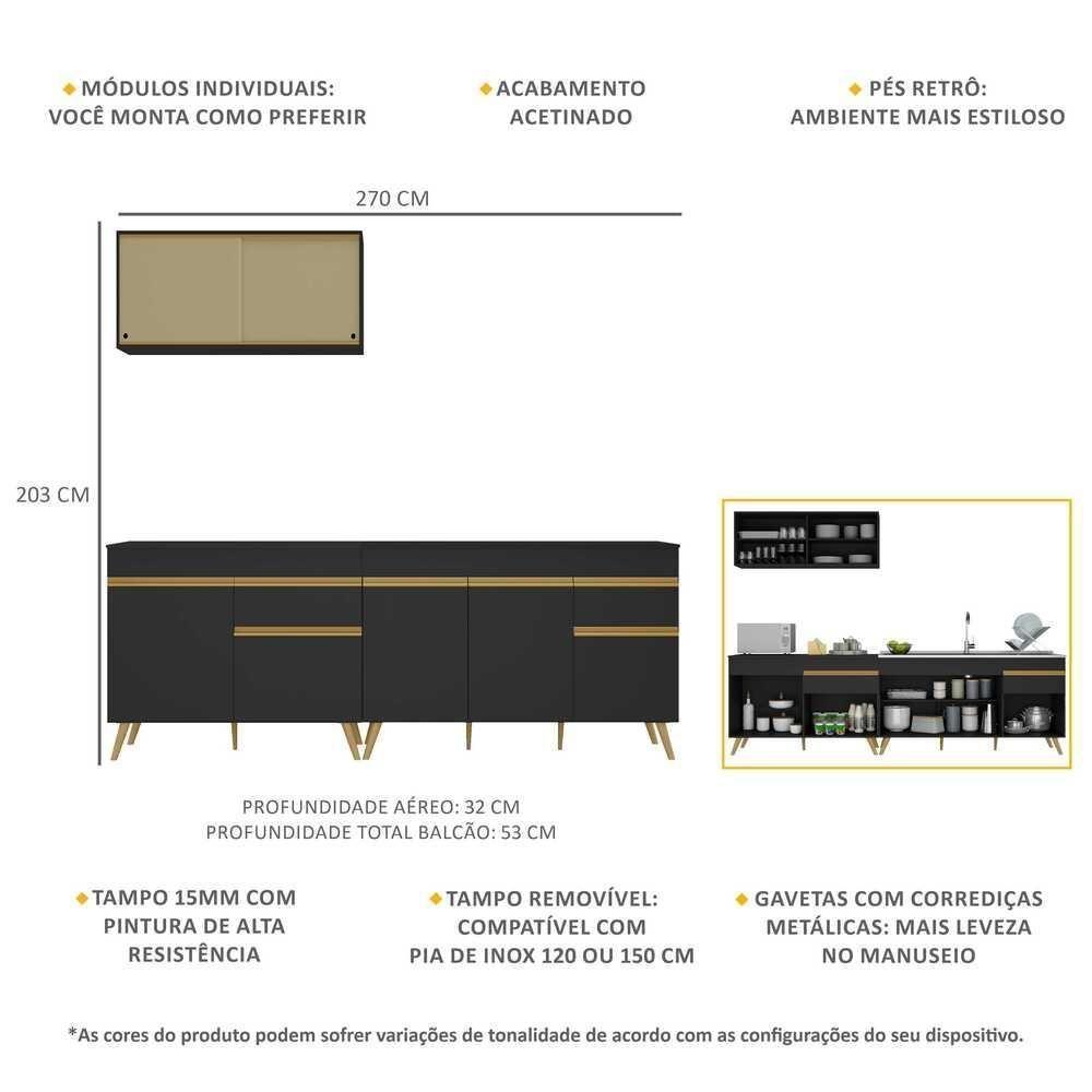 Armário De Cozinha Compacta 270cm Veneza Multimóveis V2077 Preto/dourado Preto/dourado - 5