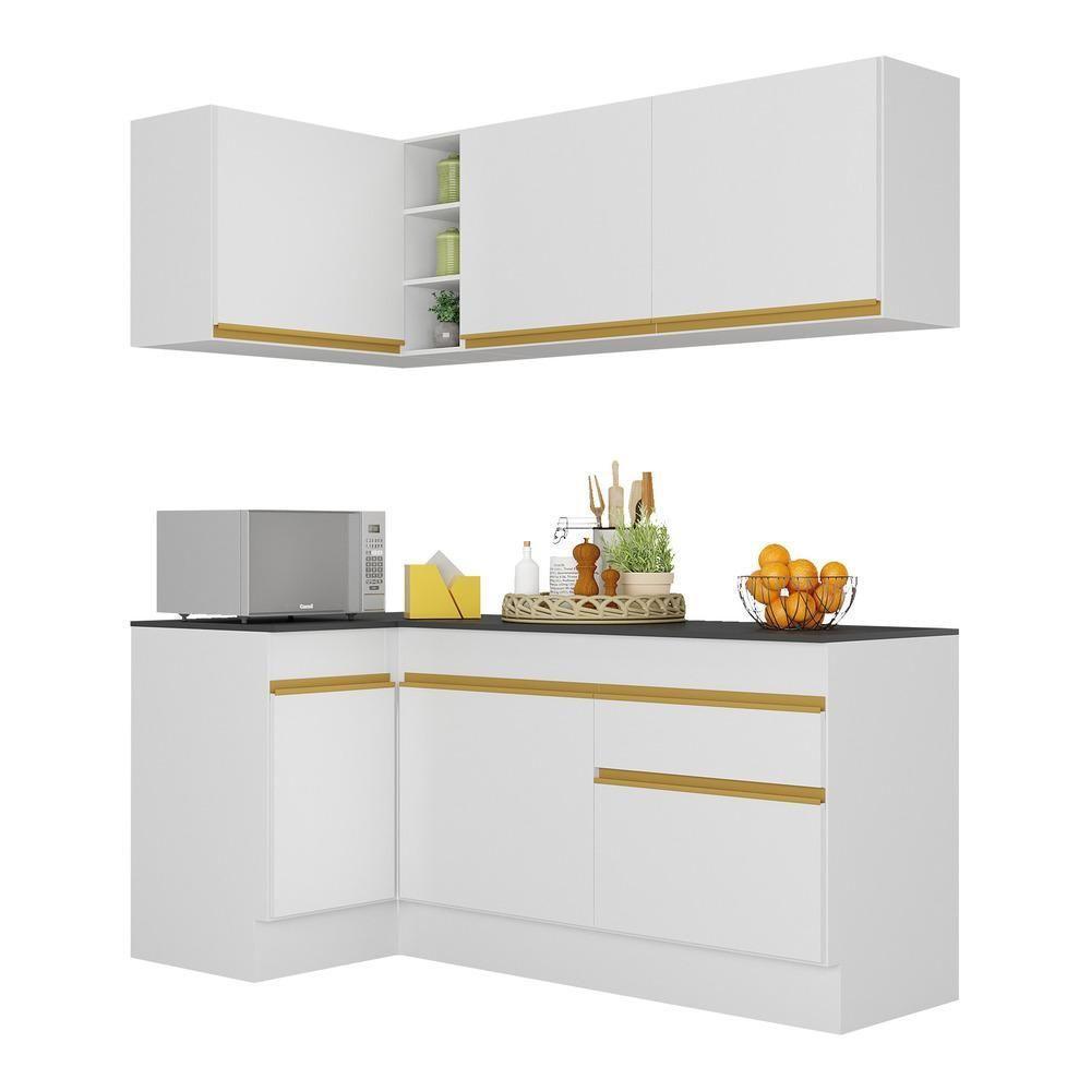 Armário De Cozinha Compacta De Canto Com Rodapé Veneza Multimóveis V2092 Branco/dourado Branco/dourado - 1
