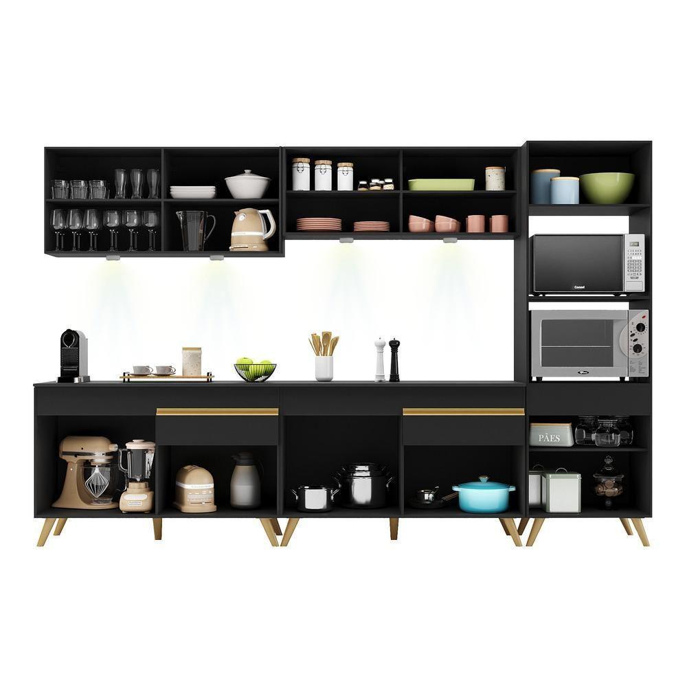 Armário De Cozinha Compacta 302cm Com Leds Veneza Up Multimóveis V2014 Preto/dourado Preto/dourado - 3