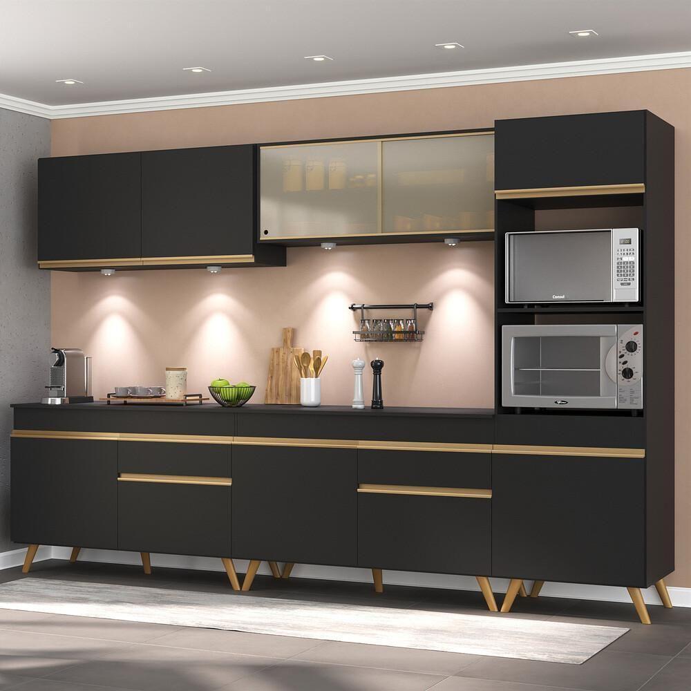 Armário De Cozinha Compacta 302cm Com Leds Veneza Up Multimóveis V2014 Preto/dourado Preto/dourado - 6