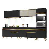 Armário De Cozinha Compacta 302cm Com Leds Veneza Up Multimóveis V2014 Preto/dourado Preto/dourado - 1