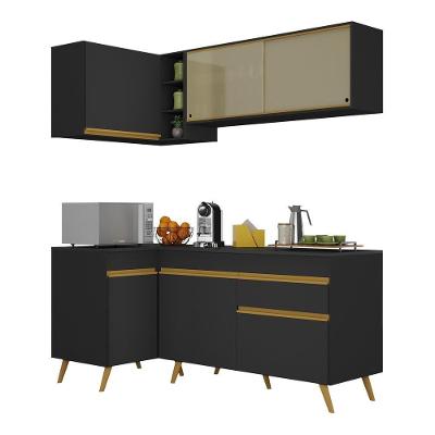 Armário de Cozinha Compacta de Canto Veneza V2056 6 Portas 1 Gaveta MDF Preto